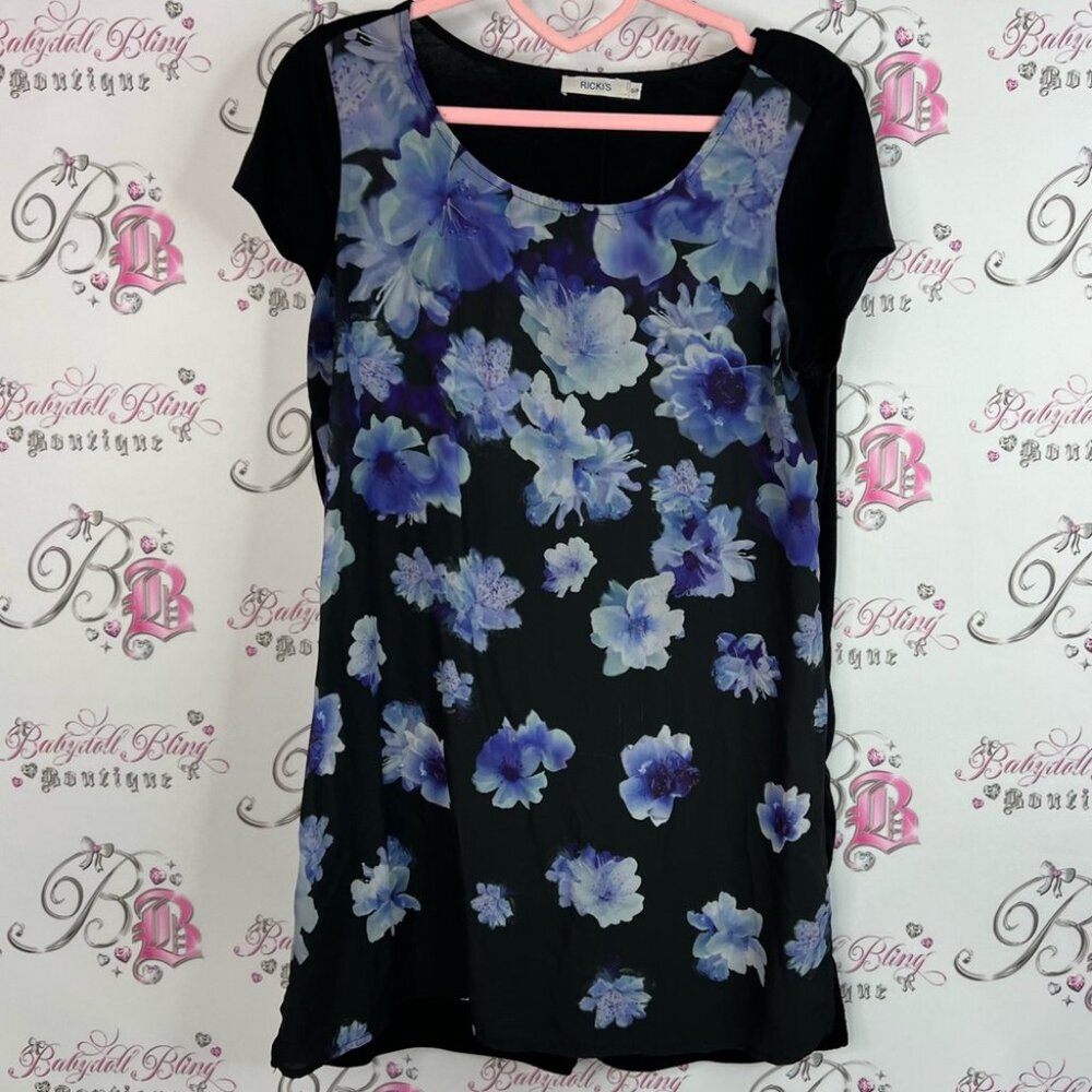 Ricki’s top tshirt flowers Floral Black Blue top tee long style watercolor